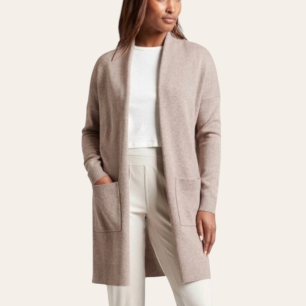 Athleta Spirit Cashmere Wool Blend Oversized Side Slit Open Front Cardigan Taupe